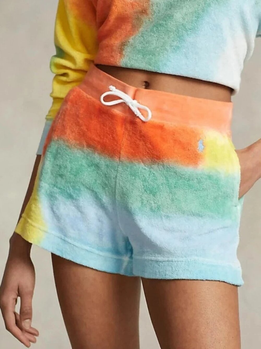 POLO RALPH LAUREN Tie-Dye Drawstring Terry Shorts Sz S Pony Orange Blue Beach